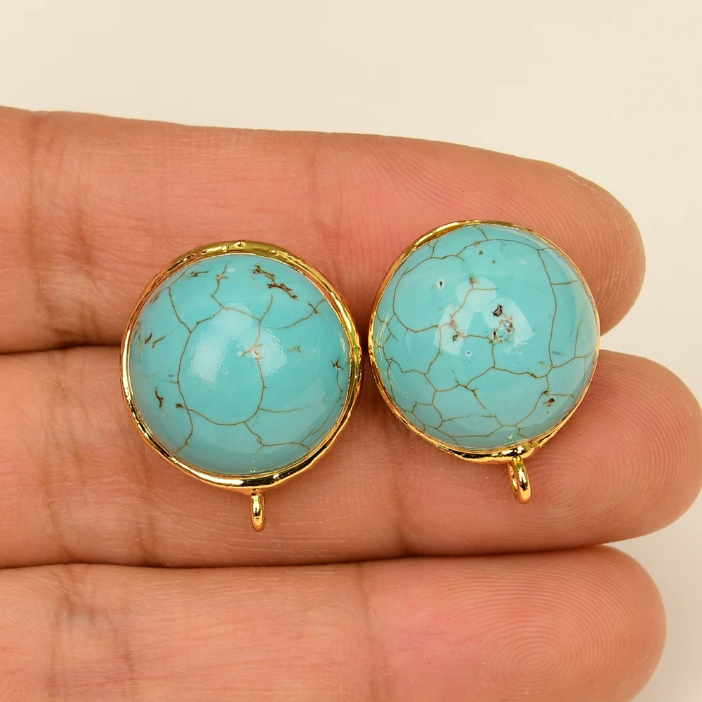 

APDGG 2 Pairs Blue Turquoise Gold Plated Coin Earrings Stud For Gems Stone Pearl Earrings Making DIY Craft Accessories