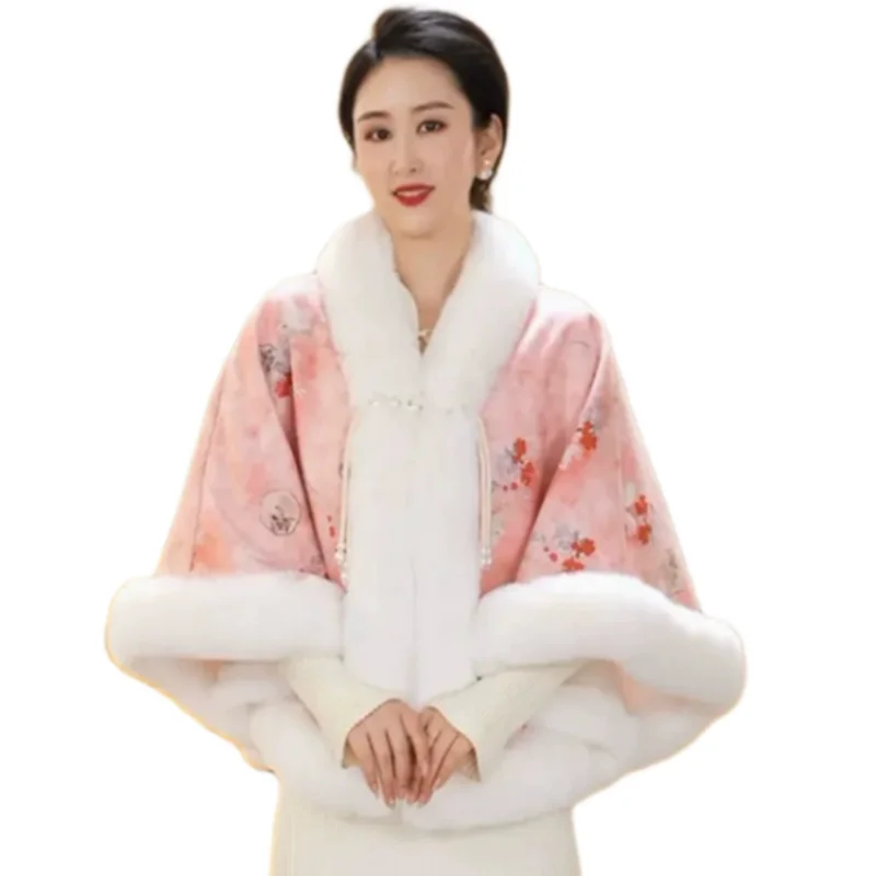 

2025 Tang suit new European and American imitation fur coat female Chinese style cloak coat dragon Phoenix satin print Winter