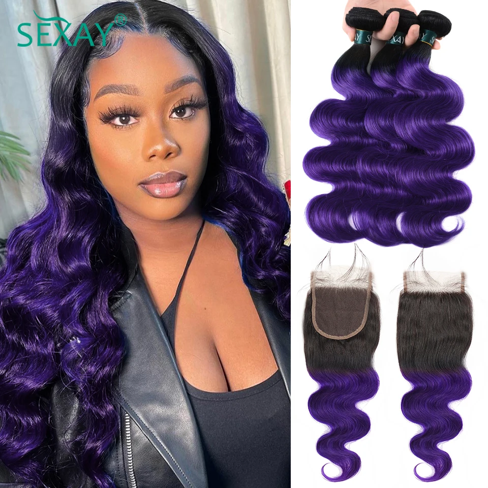 

1B Purple Body Wave Human Hair 3 Pcs with Closure Clearance Sale 100% Remy Hair Weave 4x4 Lace Closure Matched Fast US Shipping