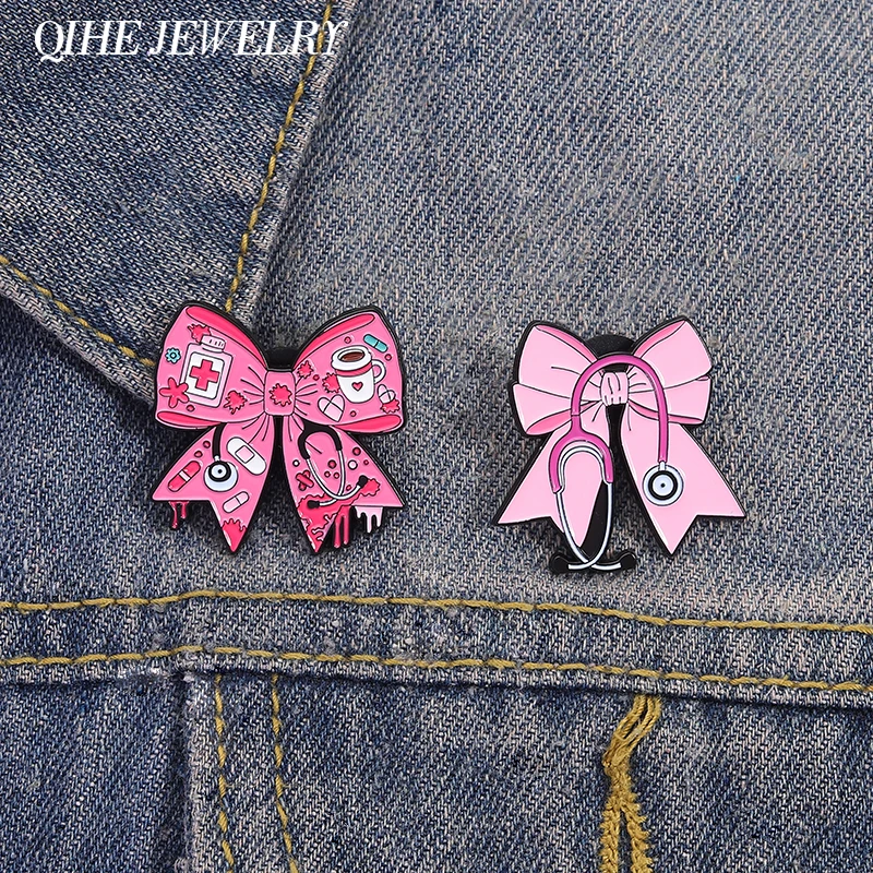 Pink Bowknot Medical Tools Stethoscope Enamel Pins Surgical Gloves Capsule Band Aid Brooches Clothes Lapel Badges Jewelry Gift