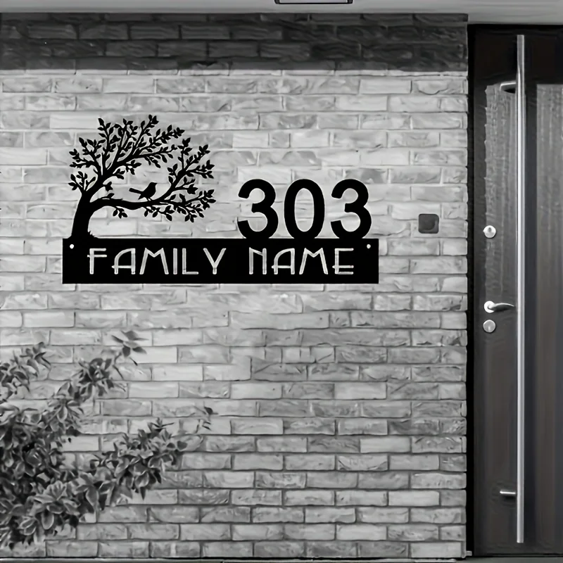 Customizable Tree and Bird Address Logo - Personalized Home Namehouse Number, Rust Resistant Iron Wall Art, Minimalist Silhouett