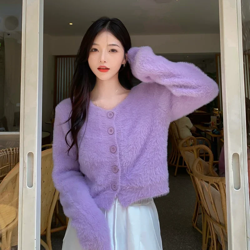 

Корейский модный милый короткий кардиган ярких цветов для женщин и девочек, новый осенне-зимний теплый свитер с круглым вырезом и длинными рукавами, пальто