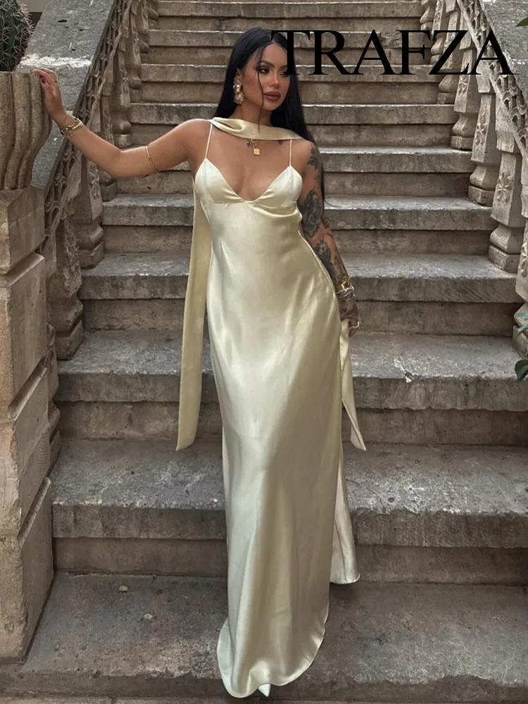 

TRAFZA Woman's Sexy Chic Thin Scarf Decoration Dress V-Neck Sleeveless Dresses Summer Female Elegant Solid Sling Long Dress