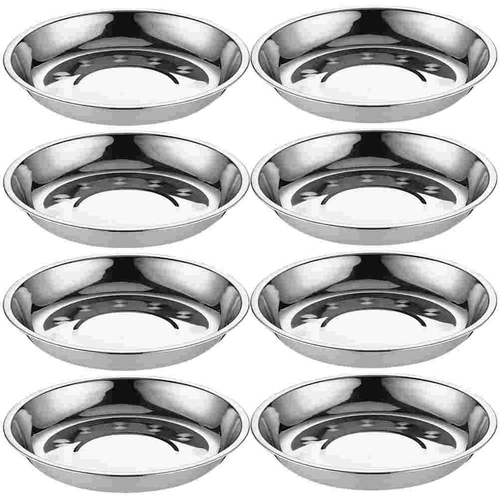 

8 Pcs Stainless Steel Disc Camping Plates Round Dishes Food Serving Jewelry Trays BBQ