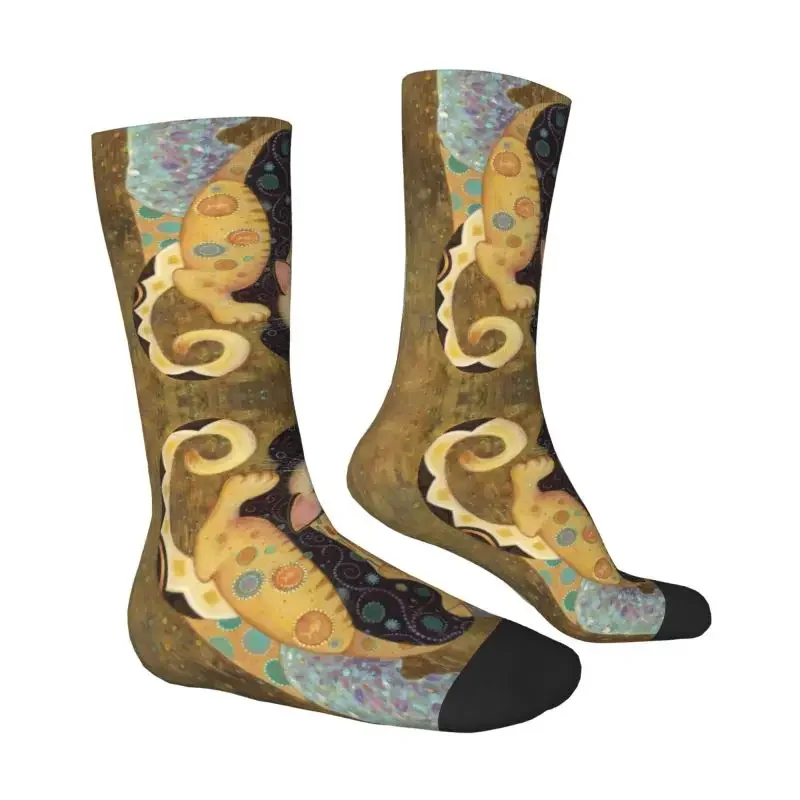 Harajuku Oil Painting Cat Socks Women Men Warm 3D Printing Art Gustav Klimt Gold Pattern Sports Basketball Socks