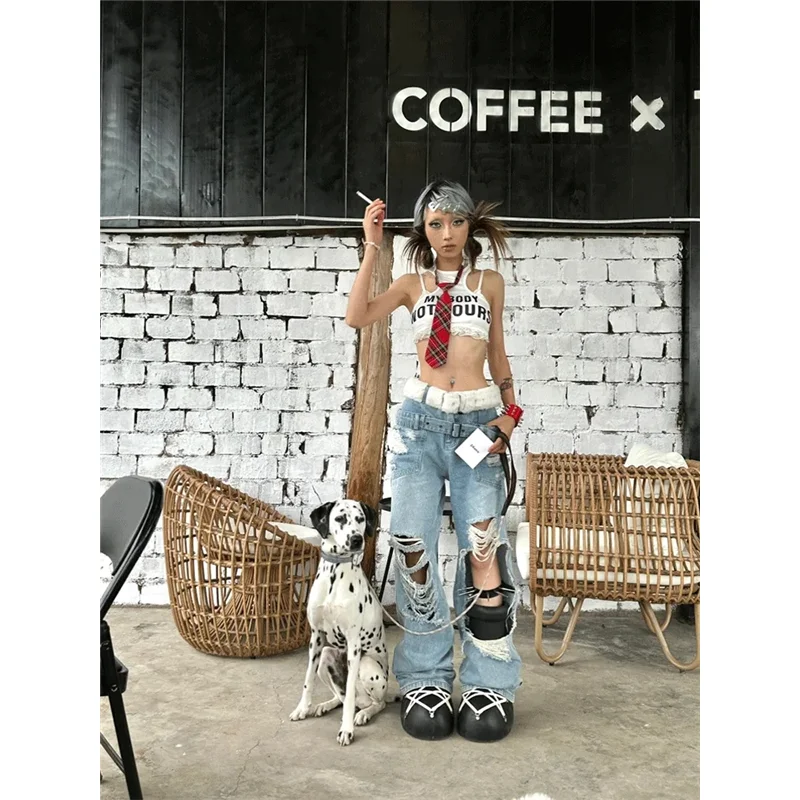 

Blue Womens Jeans High Waist Vintage Straight Summer Y2K Ripped Denim Pants Streetwear American Wide Leg Baggy Denim Trouser