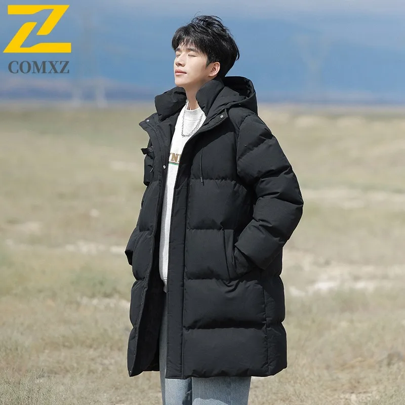 COMXZ Padded Jacket Mid-Length Korean Fashion Working Lightweight Parka Loose Hooded Thickened Warm Autumn Winter Trench Coat