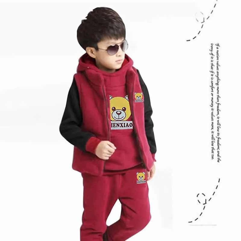 2024 Boys Padded Warm Set Children\'s Hooded Cartoon Solid Colour 3 Pcs Autumn Winter New Girls Sweatshirt Cute Casual Suit 4-12Y