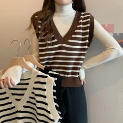 Y2K Preppy Style Simple Women Sweater Vest Winter Fashion Pullover Elastic Knit Ladies Jumper Casual Stripped Female Basic Tops