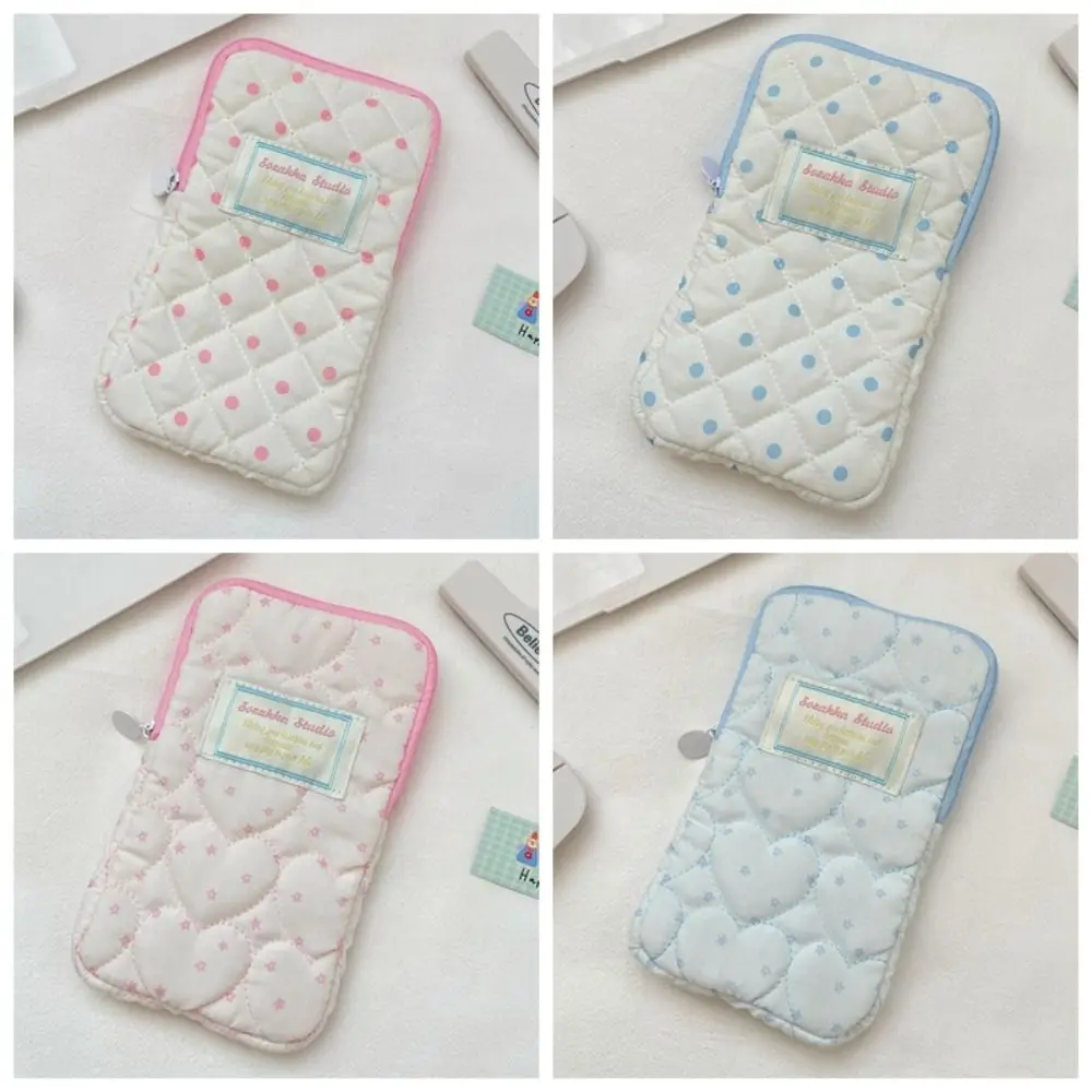 Cute Heart Polka Dot Quilted Zipper Pouch Small Portable Earphone Carrying Case Soft Coin Purse Small Accessories Organizer