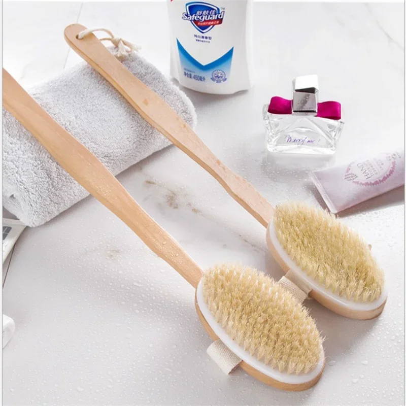 Bathroom Body Brushes Long Handle Bath Natural Bristles Brushes Exfoliating Massager with Wooden Handle Dry Brushing Shower Tool