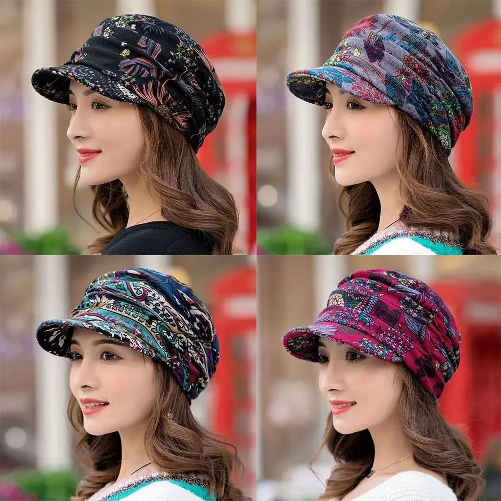 New Polyester Short Brimmed Floral Hat Warm Short Version Women Visor Hat Beanie Caps Women