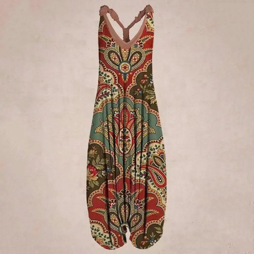 Modieuze Mouwloze Romper Met Bloemenprint Dames Mouwloze Jumpsuit V-Hals Zomer Romper Met Wijde Pijpen Harem Voor Dameskleding