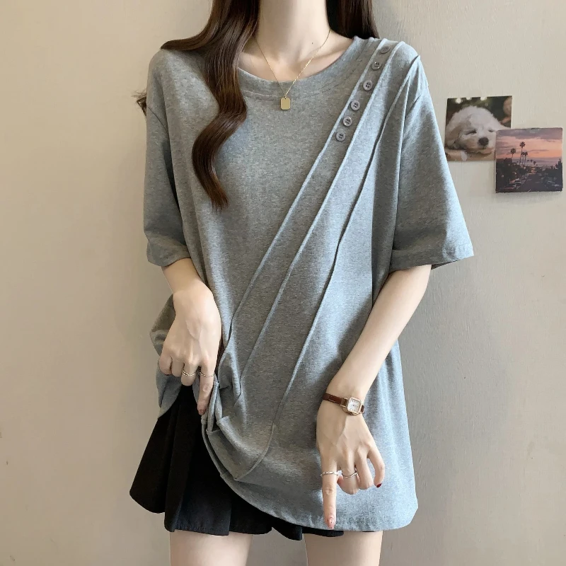 

Irregular Button Patchwork Plus Size Casual T Shirts Short Sleeve Solid Loose Fashion Tops Korean Lazy Summer New Women Clothing