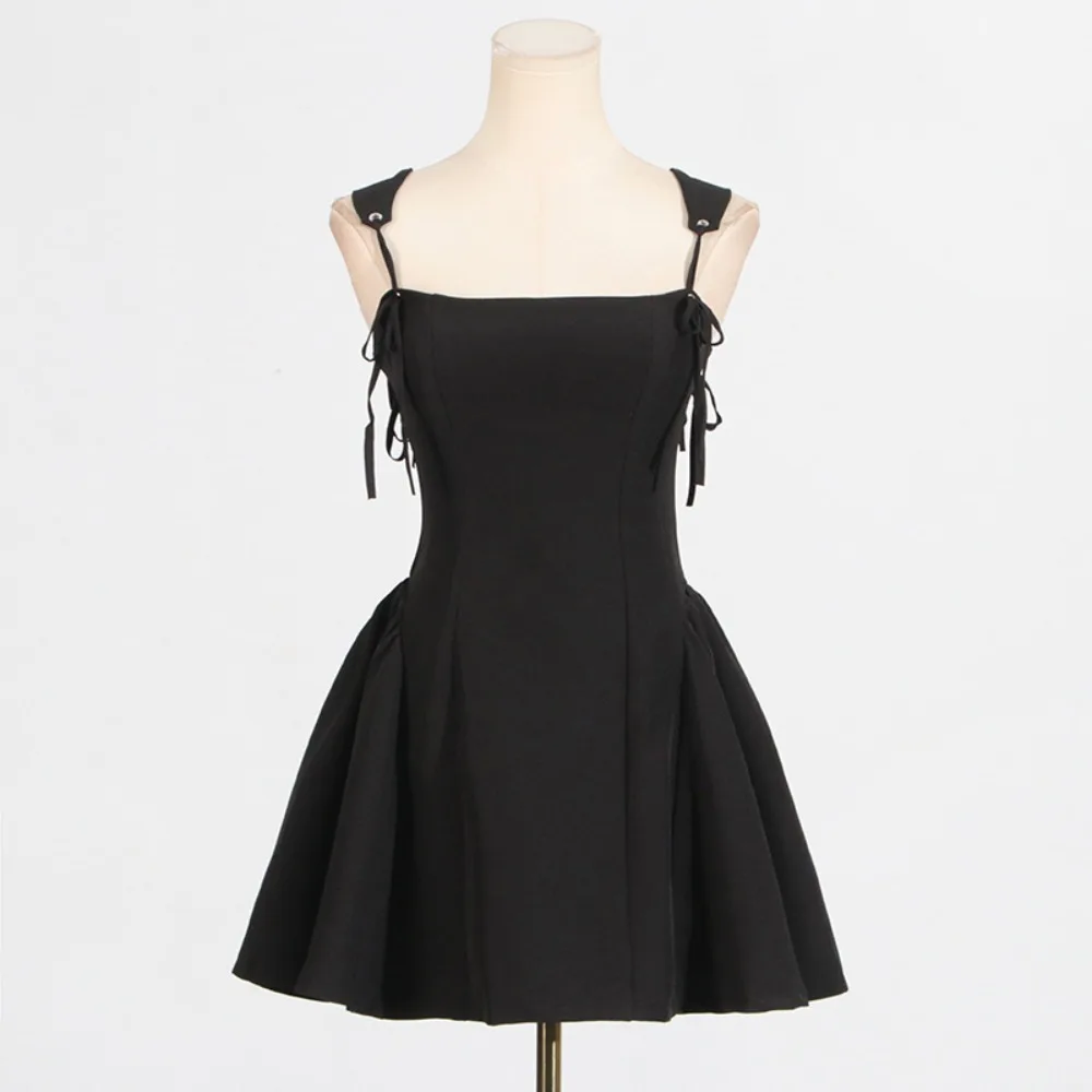 2025 New Women Sexy Spaghetti Straps Black Mini Ball Gown Dress Low Waist Lacing Up Back Party Skater Dresses Summer Robe