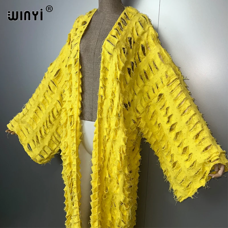 WINYI New Maxi Kimono Coat for Women OverCoat Hole Denim Cardigan Long Down Coat Cover Up Beach Outfits Woman Abaya Dubai Luxury