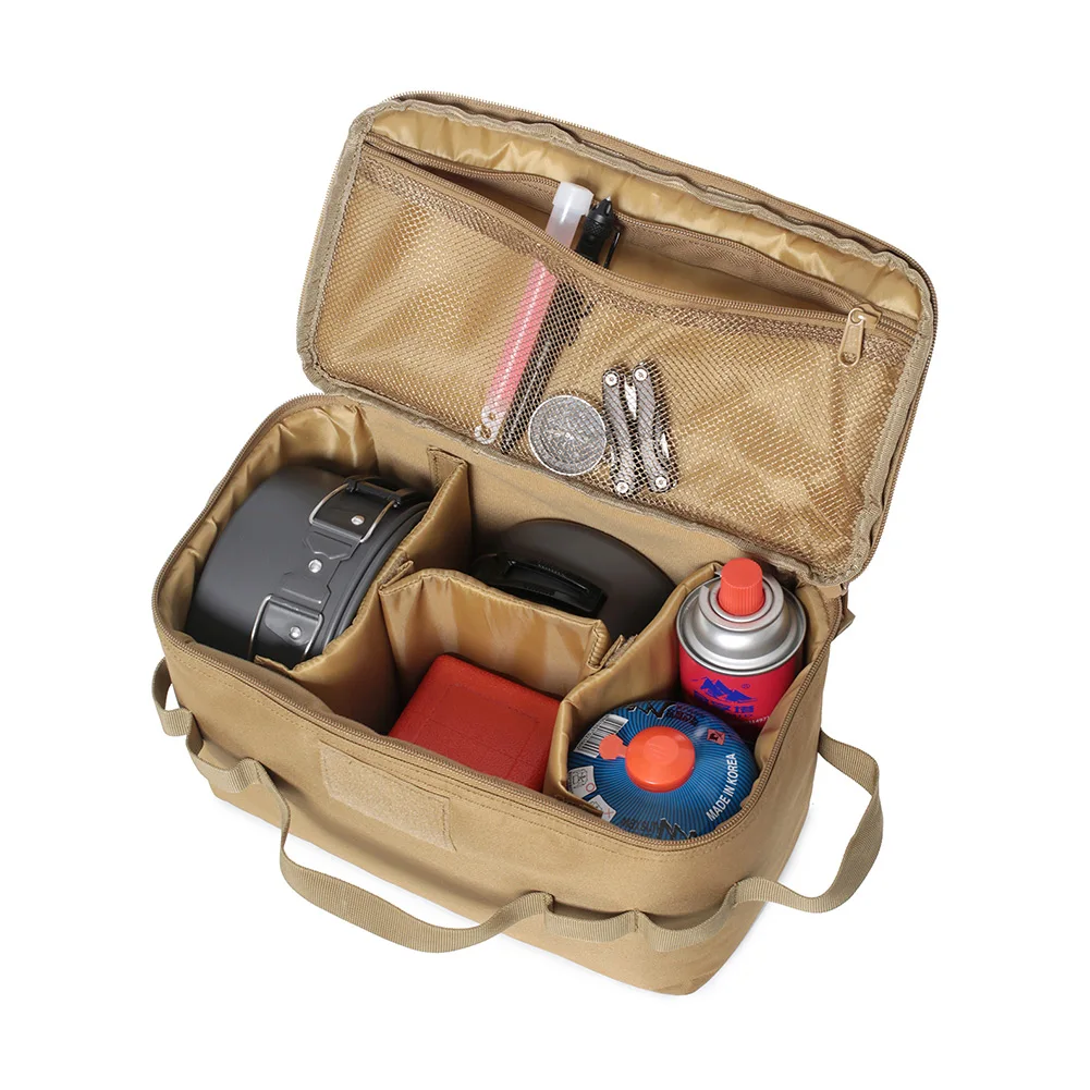 Camping Cookware Organizer Bag 11L Storage Solution with Moveable Compartments and Mesh Pocket for Easy for access