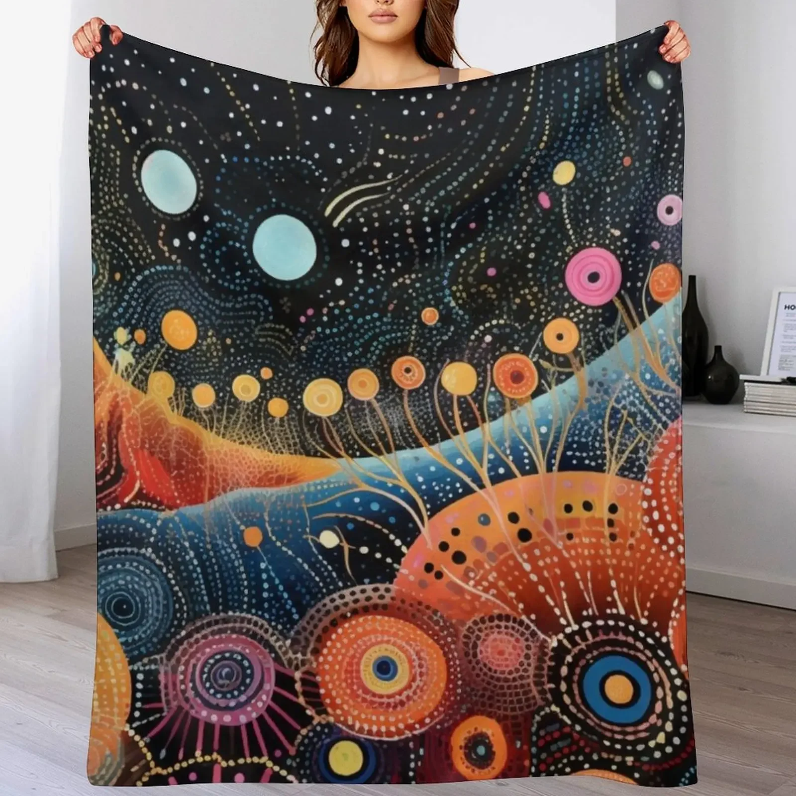 

Aboriginal Authentic Art - Galaxy Flowers Throw Blanket Compact Warm Blanket for Car Road Trip