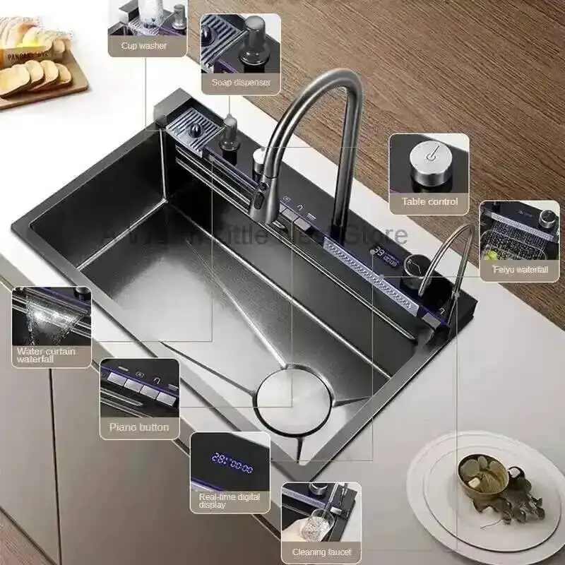Raindance Waterfall Kitchen Sinks Nano Stainless Steel 304 Home Kitchen Wash Basin Digital Display Embossed Large Single Slot B