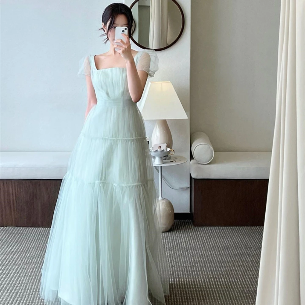 Chic Square Collar Puff Short Sleeves Tulle A-Line Prom Dresses Floor Length Bridal Party Dresses for Lady 2024 Vestidos De Gala