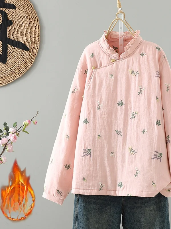

New Chinese Sle Embroidered Button Jaet Women's High End Cotton Coat Warmth Insulation Cotton Clothes for Autumn Winter