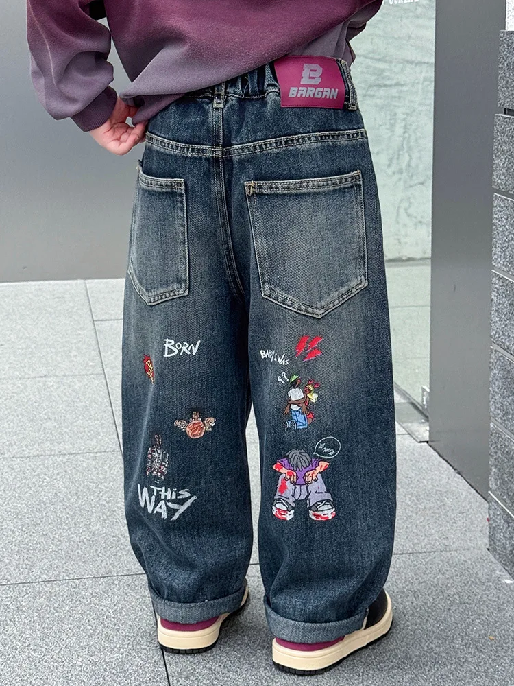 

Весенне-осенние джинсы, джинсы для мальчиков, детские джинсы, детские модные джинсовые штаны с принтом, свободные брюки для подростков, От 2 до 11 лет