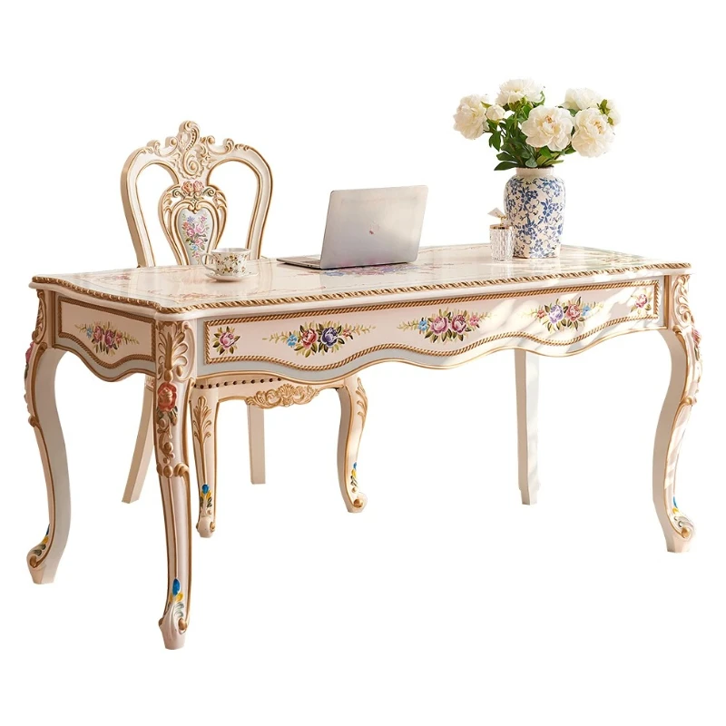 

Court Solid Wood Hand - Painted Desk and Chair for Study and Office, European Luxury Computer Office Desk
