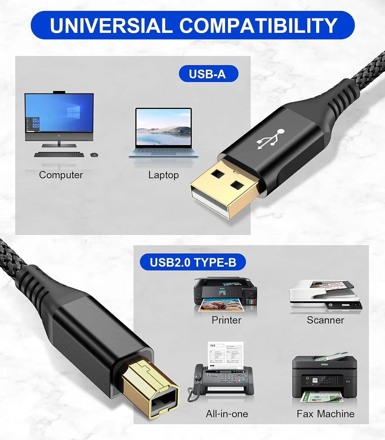 Cavo stampante USB 2.0 da 2 m Cavo da USB-A a USB-B Cavo stampante scanner ad alta velocità per HP Canon Dell Epson Brother Lexmark Xerox