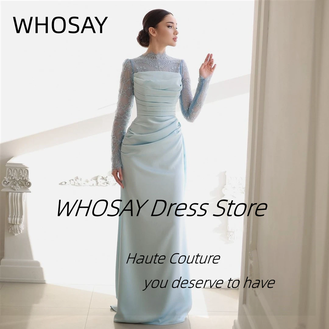 

WHOSAY Lace Long Sleeves Evening Dresses High Collar Buttons Back Vestidos Des Noches Ruched Birthday Party Prom Gowns