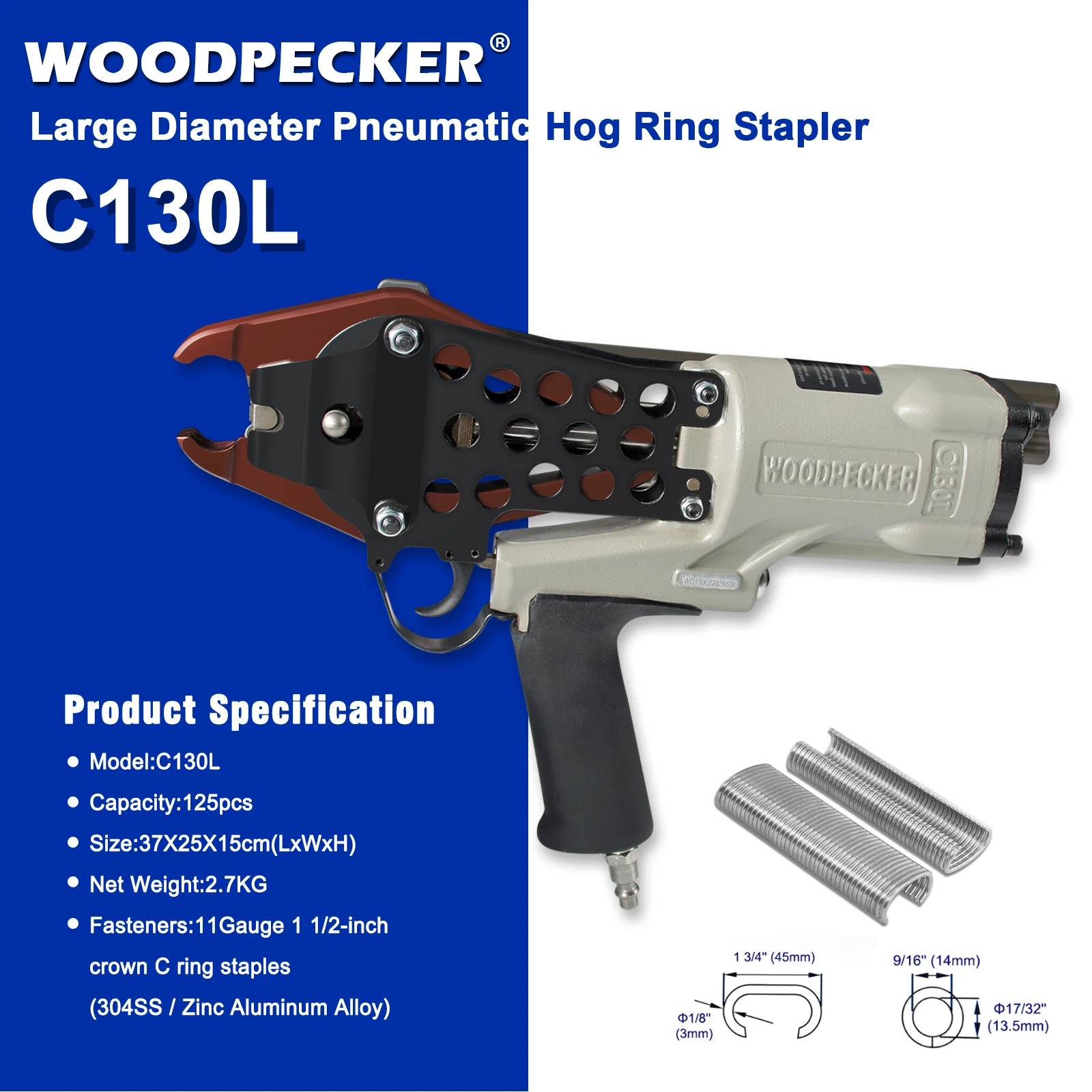 WOODPECKER C130L 11 Gauge Heavy Duty C Ring Gun C Type Hog Ring Gun for Car Seats Spring Mattresses Wire Cages