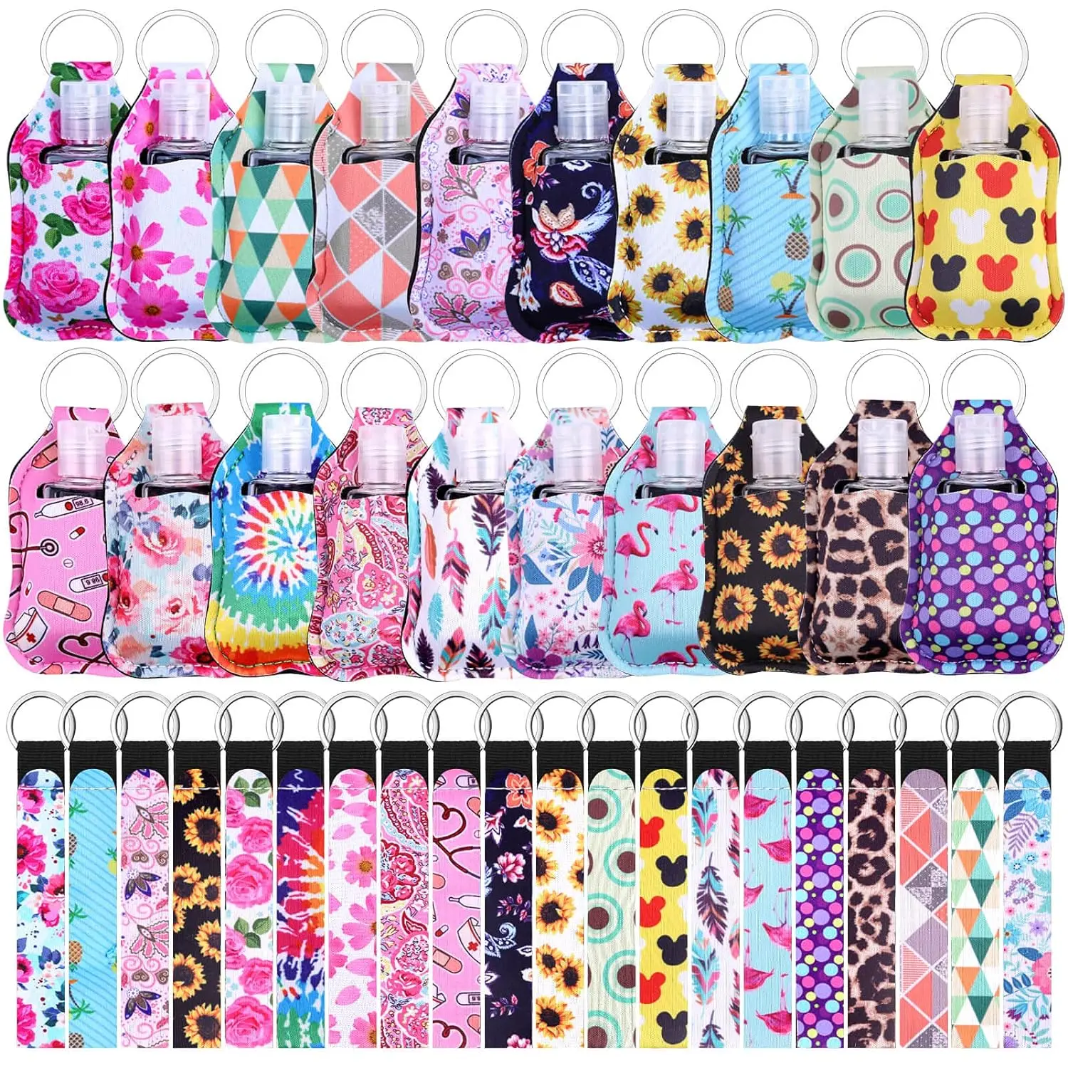 60pcs Empty Hand Sanitizer Holders Set 20 Portable Refillable Travel Bottle Container with 20Holders 20 Wristlet Keychain