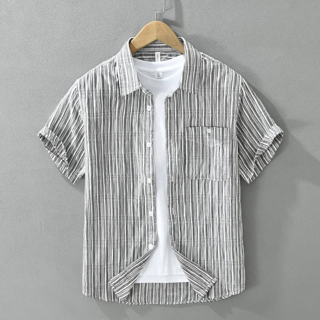 

Casual Gray Striped Short Sleeve Men's Shirt Japanese Style Design Fashionable Artistic Men's Clothing Youth Summer Shirt