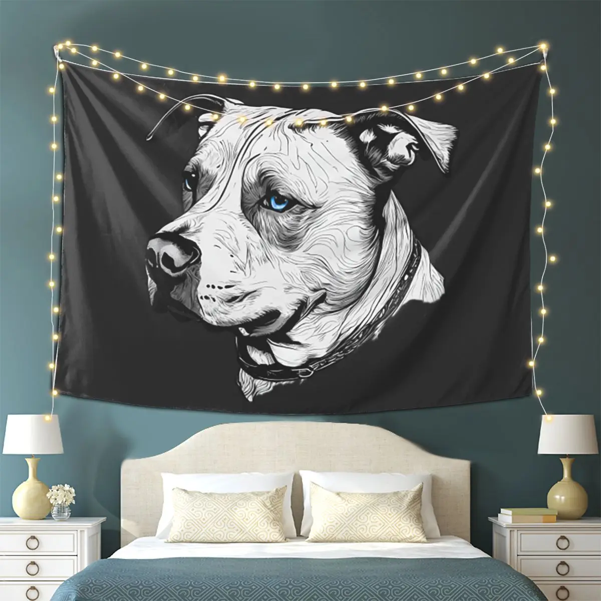 Tapiz de línea minimalista Pitbull con ojos azules, tapiz estético para colgar en la pared, decoración del hogar, tapices para sala de estar y dormitorio