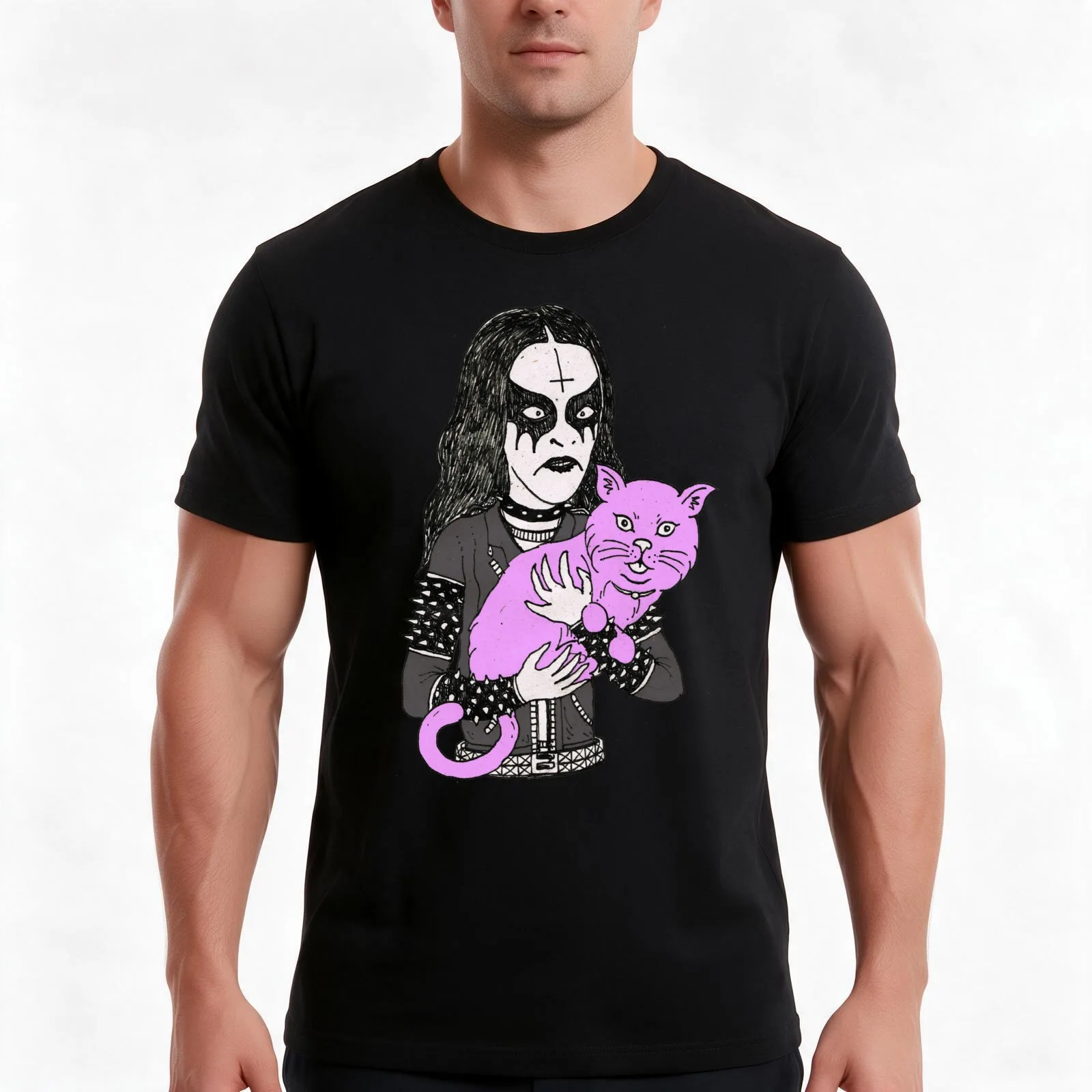 black metal cat T-Shirt, Summer Casual Cotton Tee, Oversized Streetwear Tops, Vintage Graphic Print, Loose Fit Short Sleeve