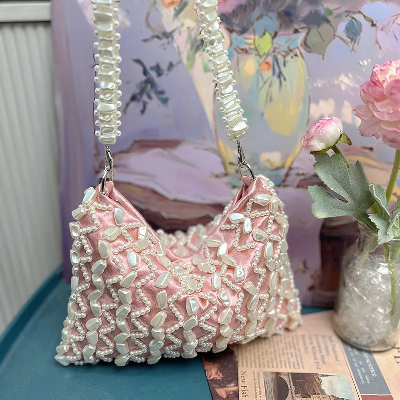

New Hand Woven Beaded Women's Bag Fashionable Pearl Handbag High-Quality Banquet Bag Shoulder Bag