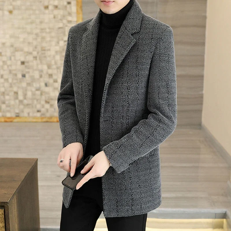 

2023 New Men Slim-Fit Cashmere Coat Man Mid-Length Suit Collar Business Casual Woolen Outwear Winter Thicken Large Size Outcoat