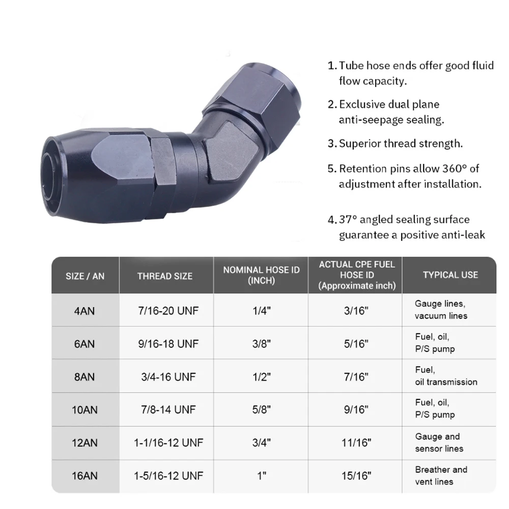 Straight 45 Degree 90 Degree Aluminum AN4 6 8 10 12 16 Forged Type Swivel Hose End Fitting Adapter Oil Cooler Fuel Line