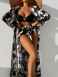 2024 Druck 3 Stück Bikini mit hoher Taille und Langarm Kimono Badeanzug Frauen Bade bekleidung weibliche Badegäste Bad Badeanzug