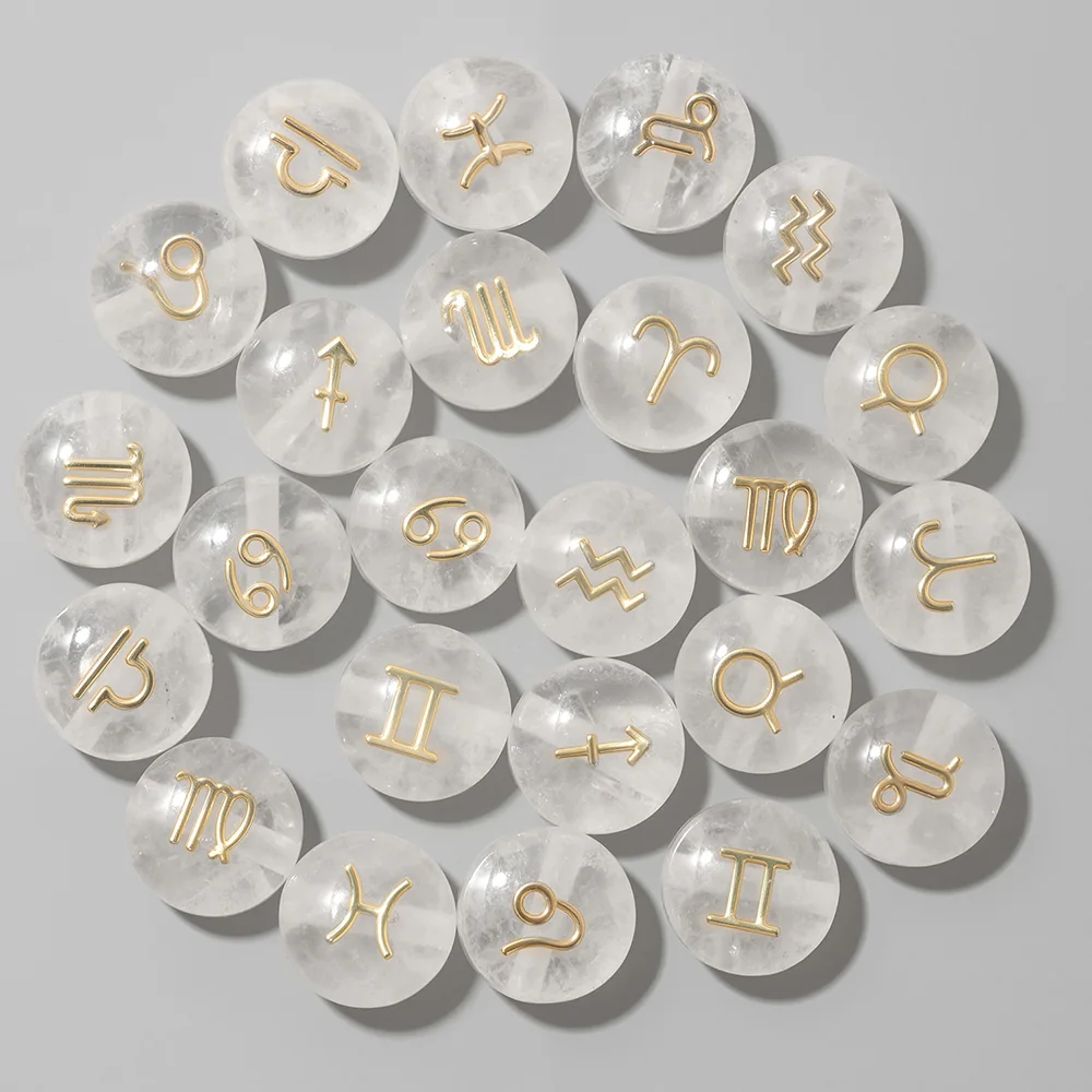5 Stück 8 mm weißer natürlicher Kristall, flach, rund, 12 Sternzeichen, Konstellation, Stein-Charms für DIY-Herstellung von Schmuck