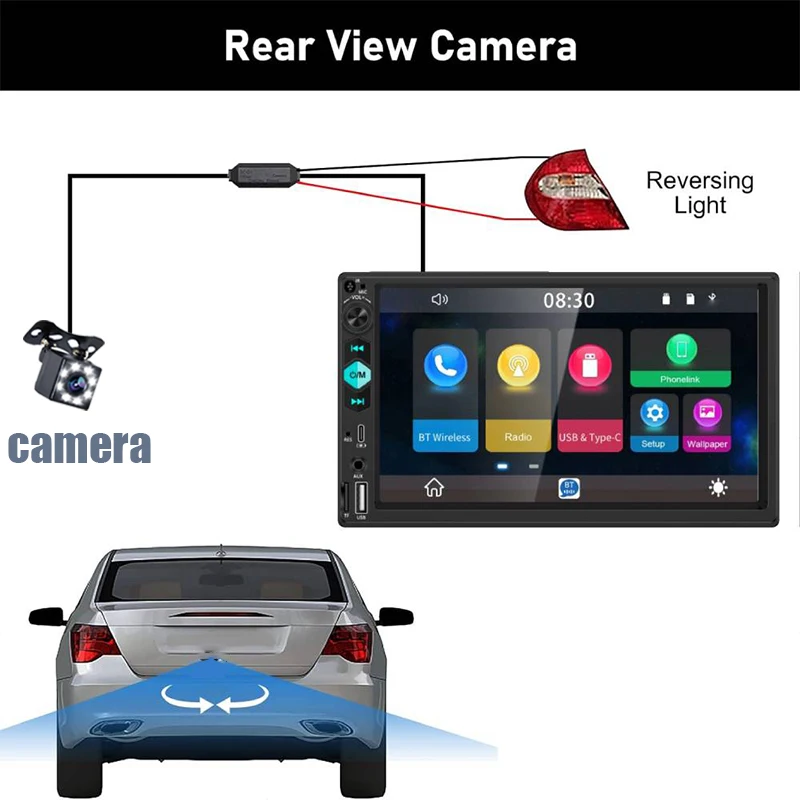 ستيريو سيارة بشاشة لمس 7 بوصة مع كاميرا احتياطية، مدخل سماعة رأس 2 Din، مشغل وسائط متعددة مع وظائف Type-C/FM/USB/AUX SD