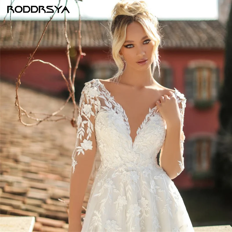 RODDRSYA V vestido de novia Vestidos De Noiva MariageRODDRSYA-vestido De novia De manga larga con cuello en V para mujer, Vestidos De novia con apliques De encaje, Espalda descubierta, personalizado