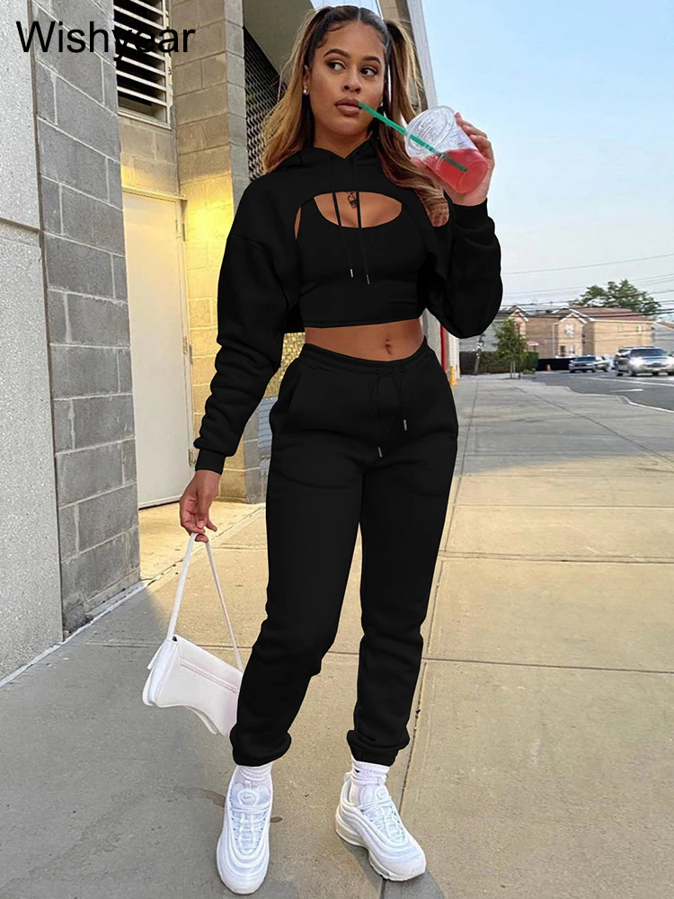 Tracksuit 3 Pieces Pants Sets for Women Velvet Hoodie Crop Tops+Vest+Sweatpants Matching Suit Sport Jogger Winter Fall Outfits