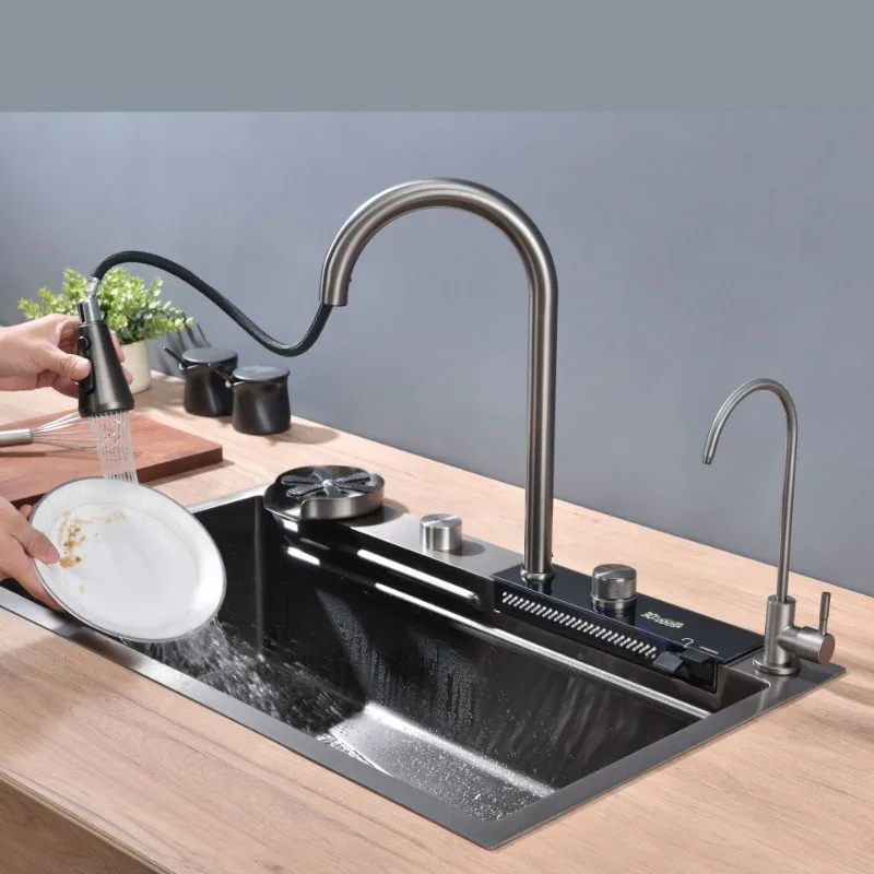 Double Waterfall Sink Embossed Stainless Steel Kitchen Sink Large Single Slot Digital Display Wash Basin Dishwashing pond