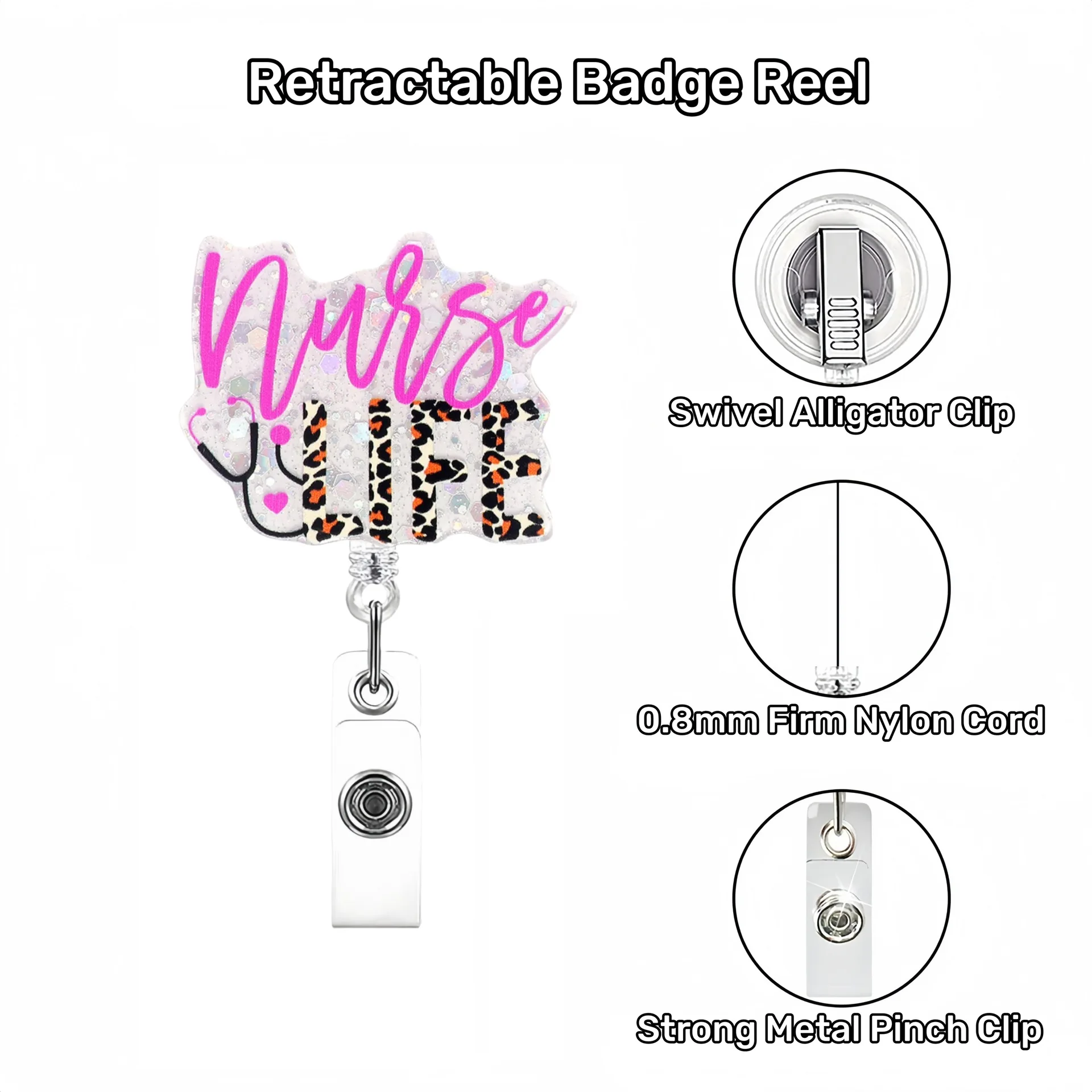 New Arrival 1 Piece Shiny Acrylic Retractable Nurse Badge Reel Coffee Bottle English Phrase Doctor ID Card Holder Alligator Clip