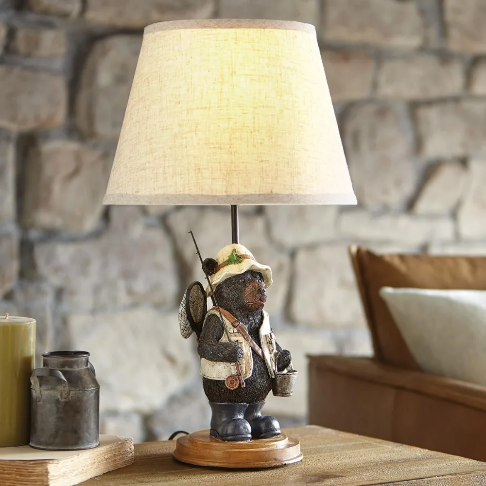 مصباح طاولة عائلي على شكل دب عتيق ريفي - كابينة، غرفة معيشة، منضدة، مكتب - طول 26.6، مثالي لديكور المنزل