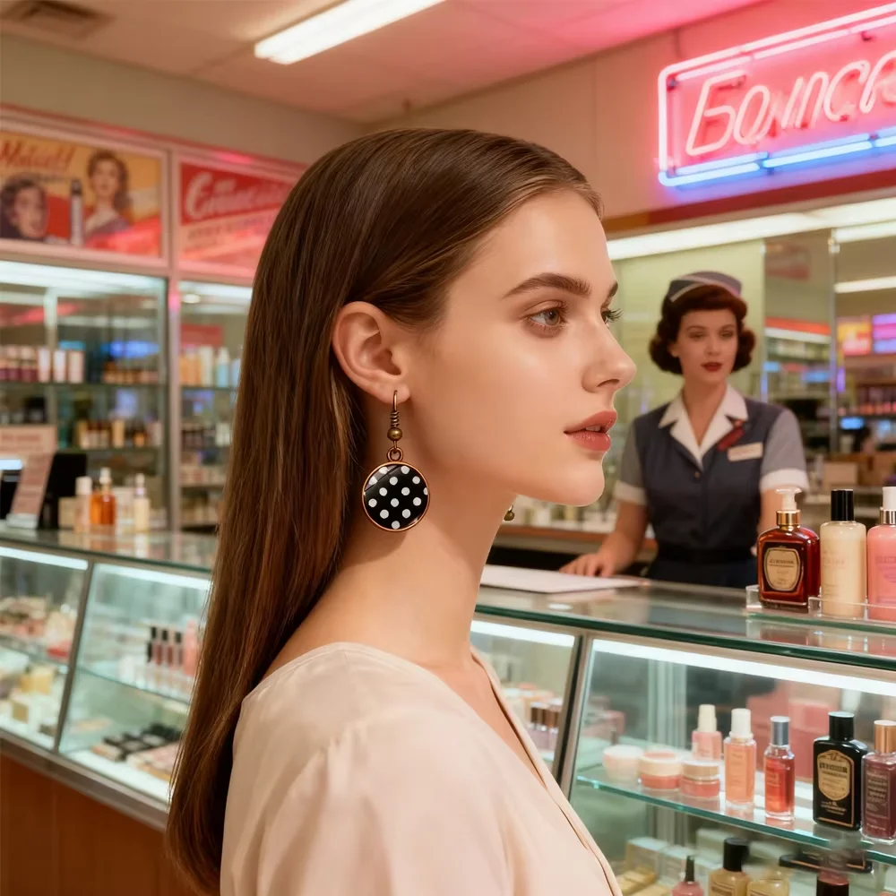 PESENAR Brincos pendentes de bolinhas pretas e brancas estilo anos 1950 para acessório de festa de fantasia retrô vintage