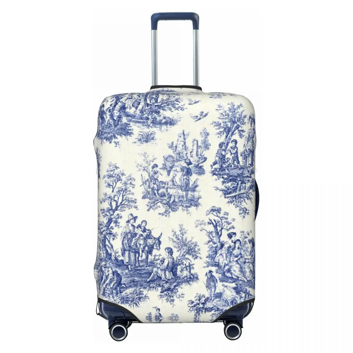 Custom Classic French Navy Blue Toile De Jouy Motif Pattern Luggage Cover Cute Suitcase Protector Covers Suit For 18-32 inch