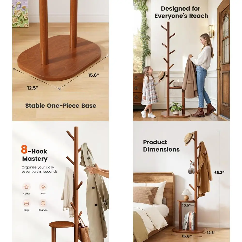 

Деревянная вешалка-стойка с 8 крючками и полкой для хранения, высота 168,5 см, для хранения пальто, шляп и сумок в прихожей, спальне или гостиной, коричневая