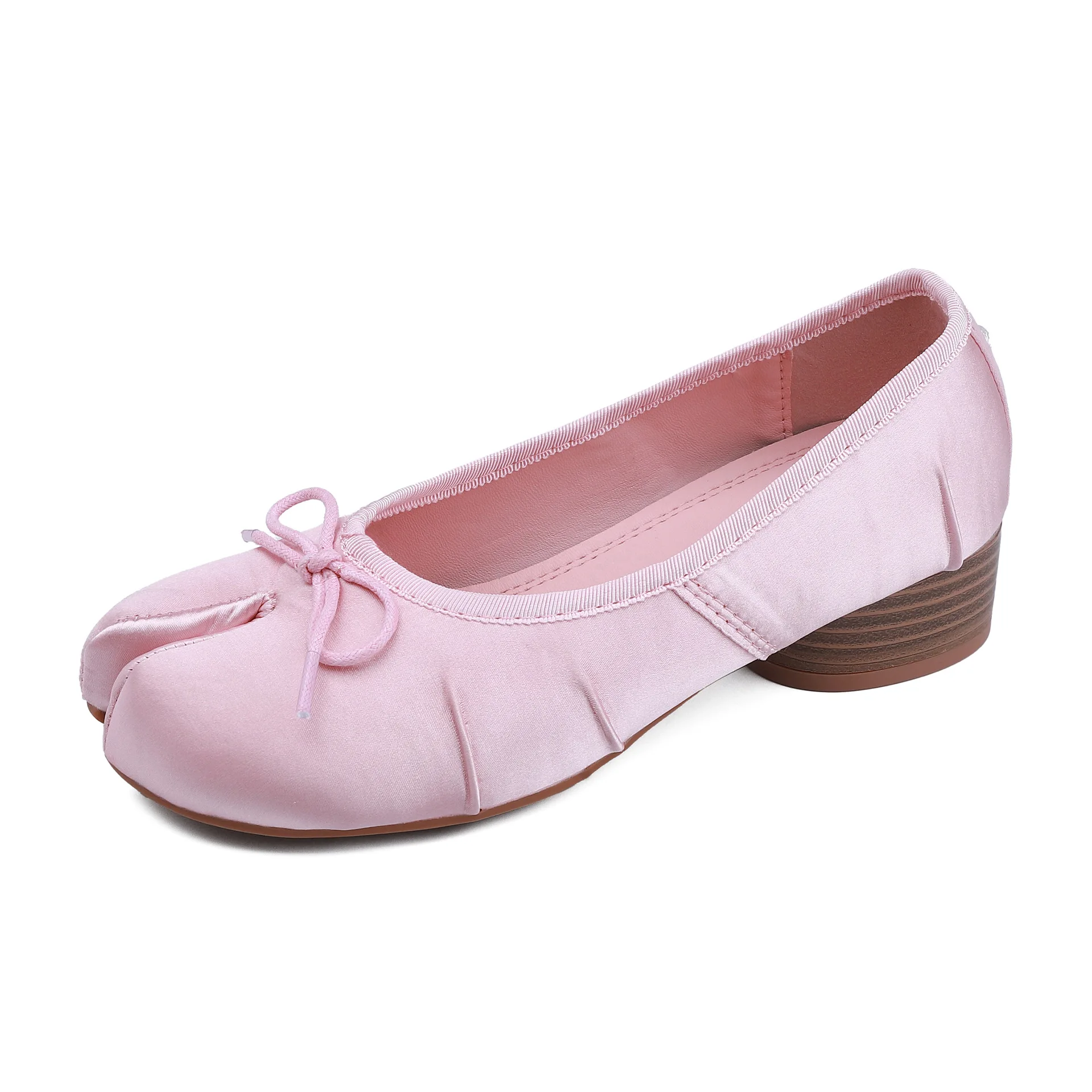  Fashion Designer Pleated Split Toe Women Pumps Soft Round Toe Bowknot Mid Heel Ballet Footwear Casual Slip On Loafers Shoes