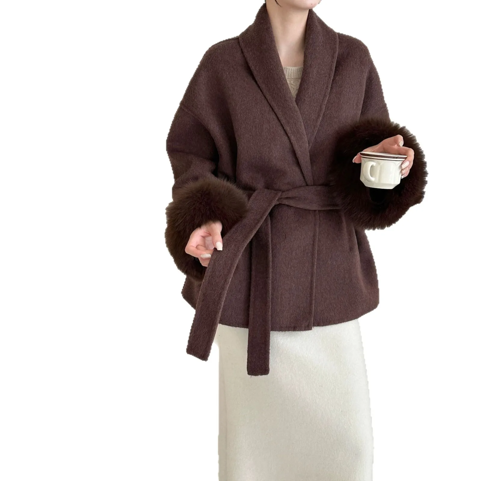 معطف فرو الثعلب الراقية الدانتيل متابعة الأخضر الفاكهة طوق مزاجه الوجهين الصوف سترة الصوفية المرأة الجديدة الخريف الشتاء ماو ماو #5